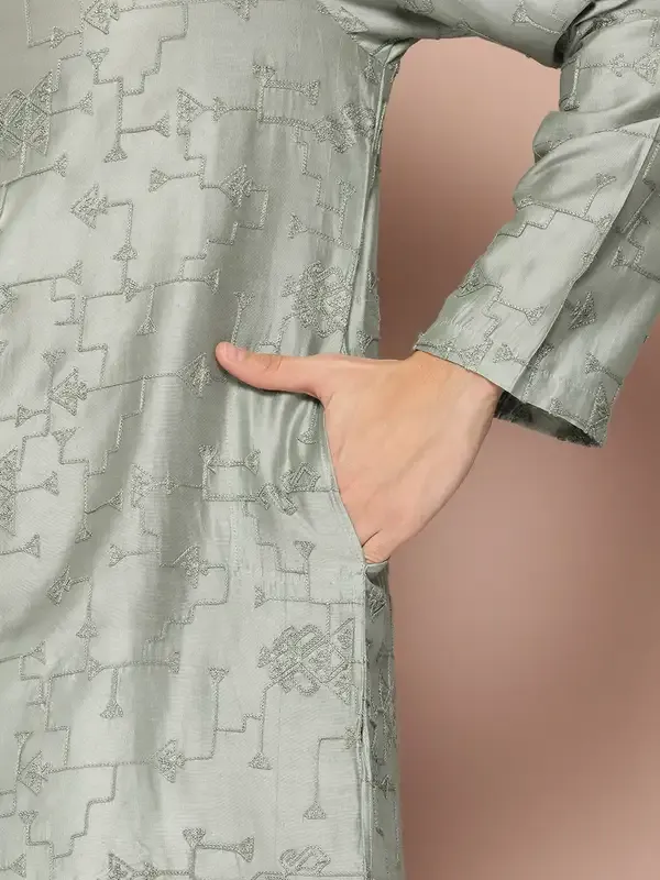 Men_Sea_Green_Embroidered_Thread_Work_Chanderi_Silk_Straight_Kurta_With_Pyjama