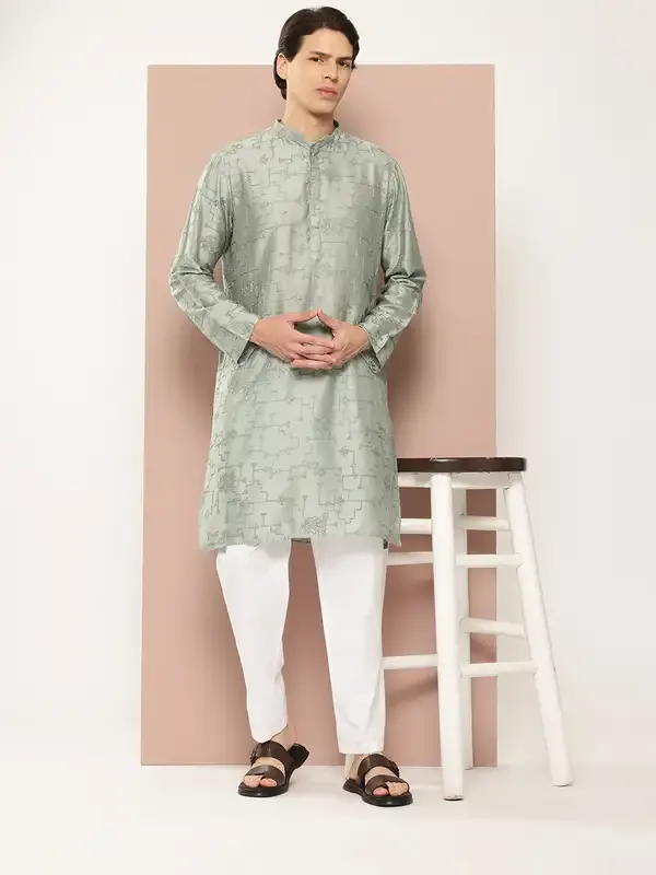 Men_Sea_Green_Embroidered_Thread_Work_Chanderi_Silk_Straight_Kurta_With_Pyjama