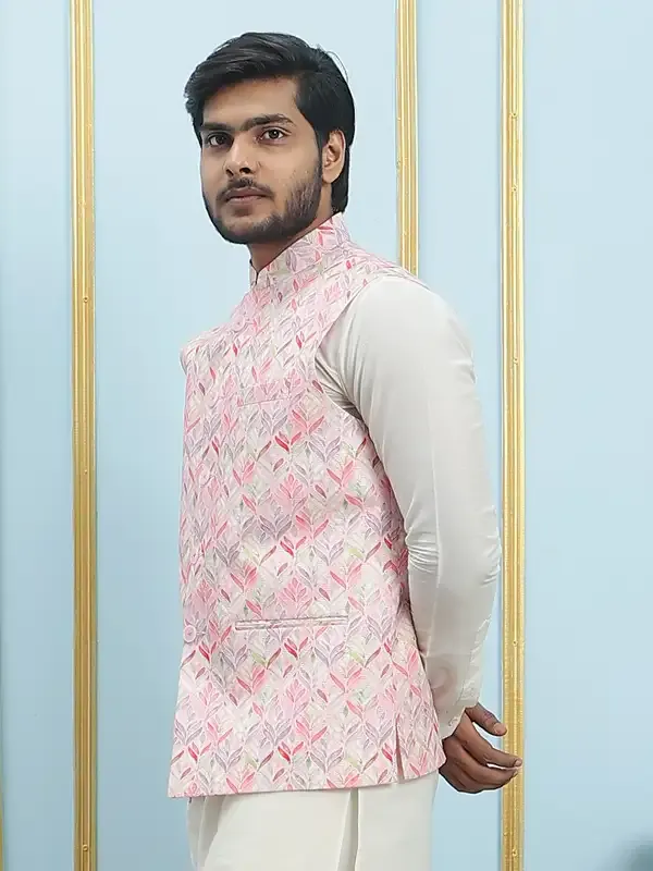 Men_Off_White_Kurta_Pajama_And_Pink_Digital_Print_Cotton_Nehru_Jacket