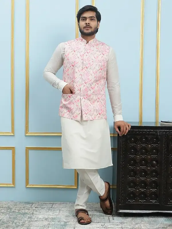 Men_Off_White_Kurta_Pajama_And_Pink_Digital_Print_Cotton_Nehru_Jacket