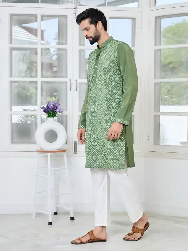 Green_Embossed_Printed_Cotton_Chanderi_Straight_Kurta_With_Pyjama