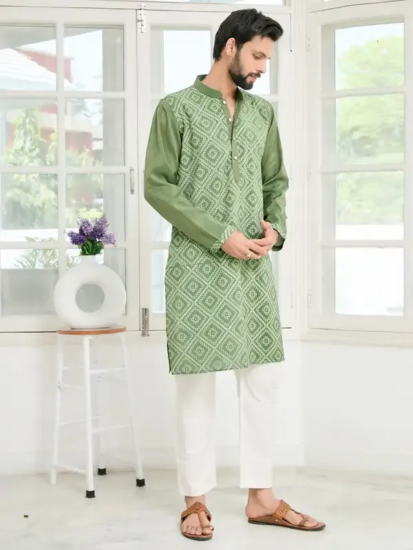 Green_Embossed_Printed_Cotton_Chanderi_Straight_Kurta_With_Pyjama