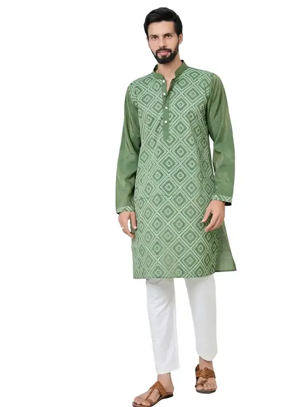 Green_Embossed_Printed_Cotton_Chanderi_Straight_Kurta_With_Pyjama