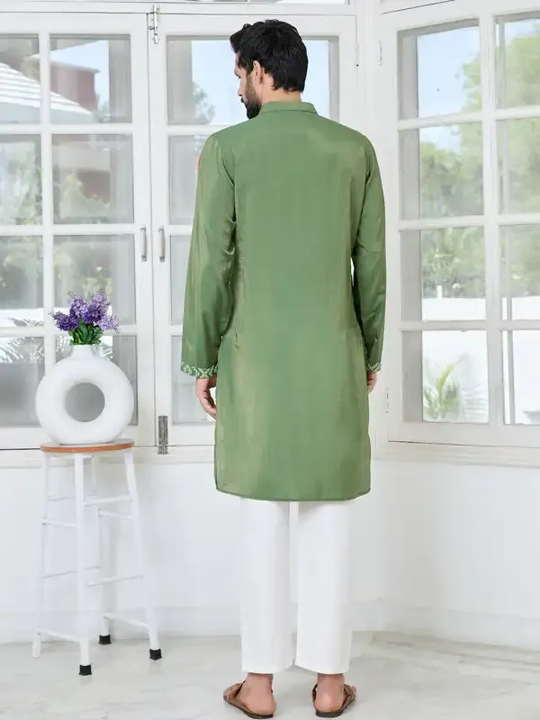 Green_Embossed_Printed_Cotton_Chanderi_Straight_Kurta_With_Pyjama