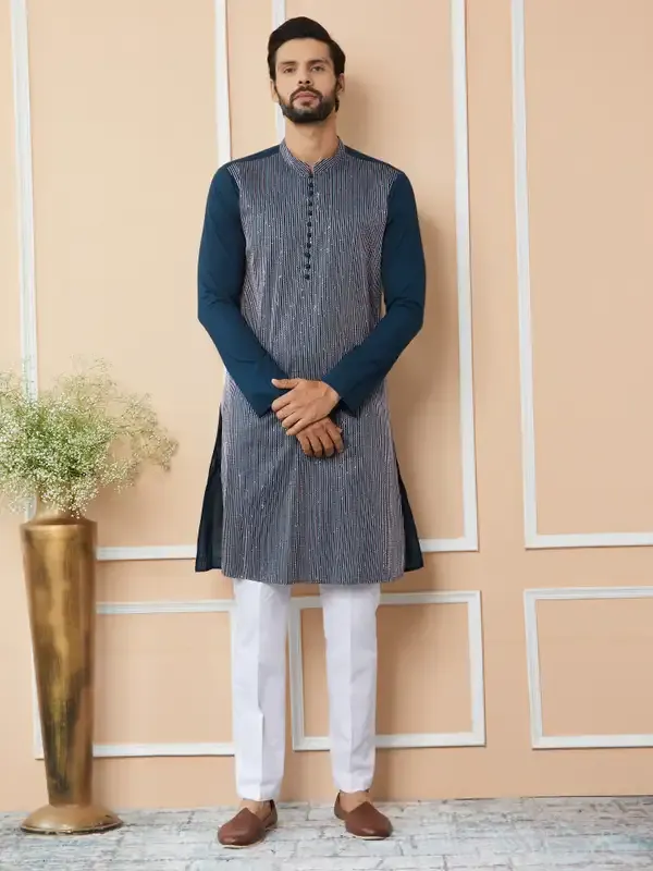 Dark_Blue_Thread_&_Sequin_Worked_Pure_Cotton_Straight_Kurta_With_Pyjama