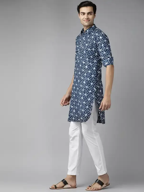 Men_Blue_Regular_Pure_Cotton_Pathani_Printed_Men'S_Kurta_With_White_Salwar