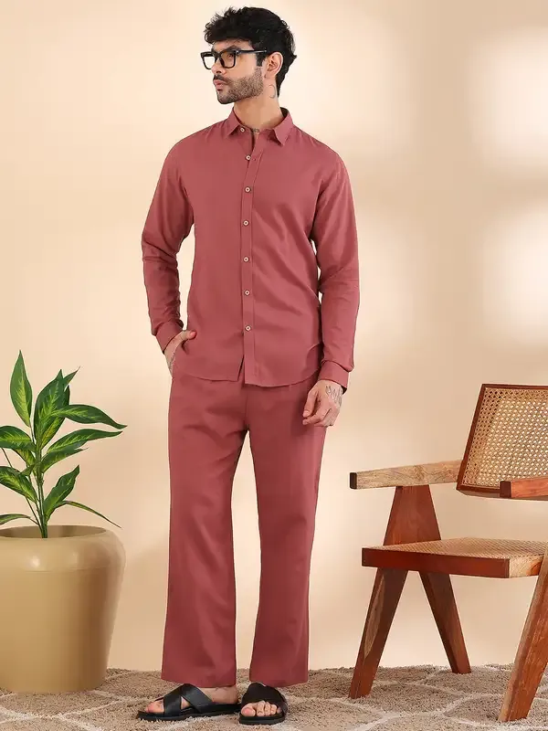 Men_Red_Linen_Solid_Co-Ord_Set