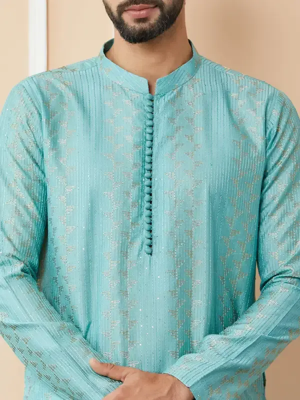 Ice_Green_Embroidered_Thread_Work_Sequinned_Chanderi_Silk_Straight_Kurta_With_Pyjama