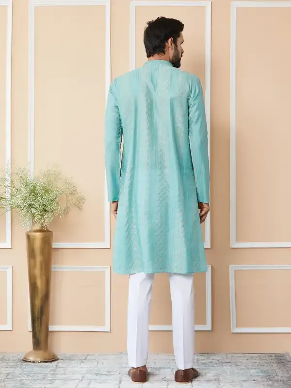 Ice_Green_Embroidered_Thread_Work_Sequinned_Chanderi_Silk_Straight_Kurta_With_Pyjama