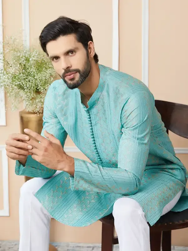 Ice_Green_Embroidered_Thread_Work_Sequinned_Chanderi_Silk_Straight_Kurta_With_Pyjama