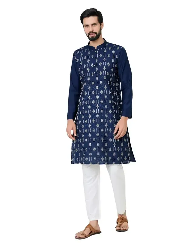 Blue_Ethnic_Motifs_Embroidered_Sequinned_Mandarin_Collar_Straight_Kurta_With_Pyjama