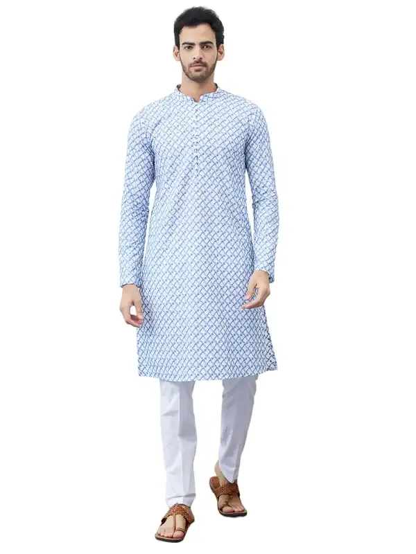 Men_White_And_Blue_Chikankari_Embroidered_Cotton_Kurta_Set