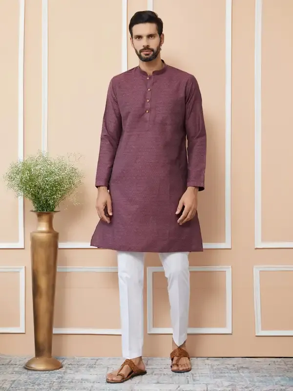 Dark_Mauve_Ethnic_Motifs_Silk_Jacquard_Woven_Design_Straight_Kurta_With_Pyjama