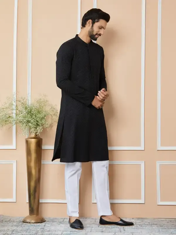 Black_Embroidered_Chikankari_Rayon_Straight_Kurta_With_Pyjama
