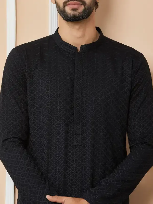 Black_Embroidered_Chikankari_Rayon_Straight_Kurta_With_Pyjama