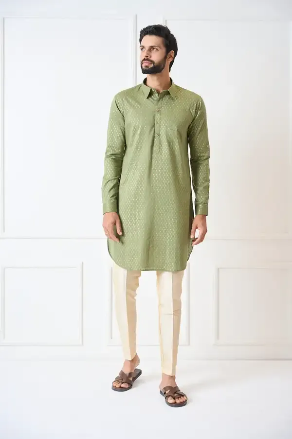 Men_Olive_Regular_Pure_Cotton_Pathani_Kurta_With_Gold_Pyjama