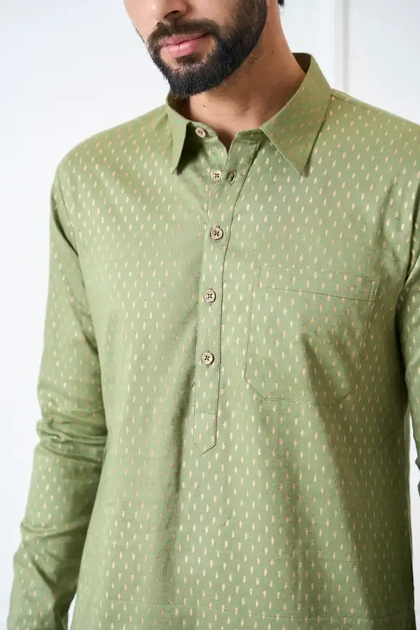 Men_Olive_Regular_Pure_Cotton_Pathani_Kurta_With_Gold_Pyjama