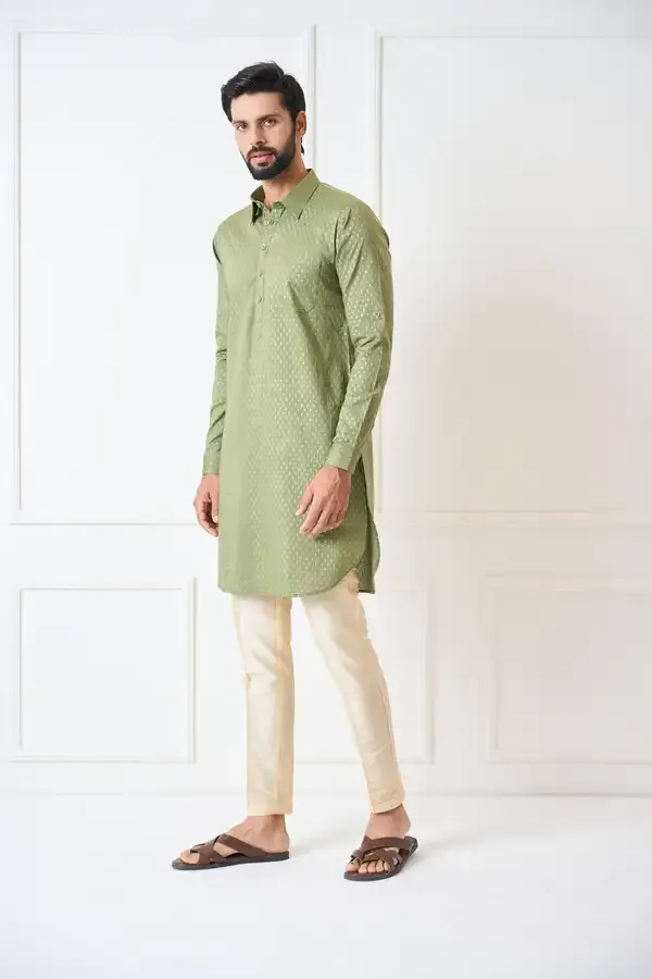 Men_Olive_Regular_Pure_Cotton_Pathani_Kurta_With_Gold_Pyjama