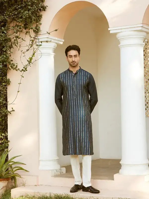 Men_Teal_And_Gold_Chanderi_Silk_Sequins_Kurta_With_Pyjama