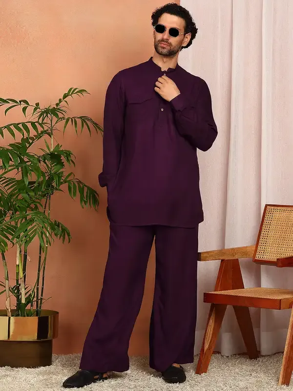 Men'S_Purple_Viscose_Rayon_Solid_Pathani_Set