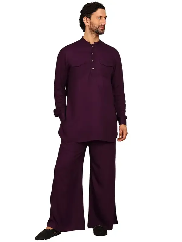 Men'S_Purple_Viscose_Rayon_Solid_Pathani_Set