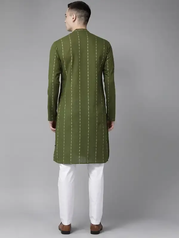 Men_Green_&_Gold_Stripe_Printed_Straight_Kurta_With_Pyjama