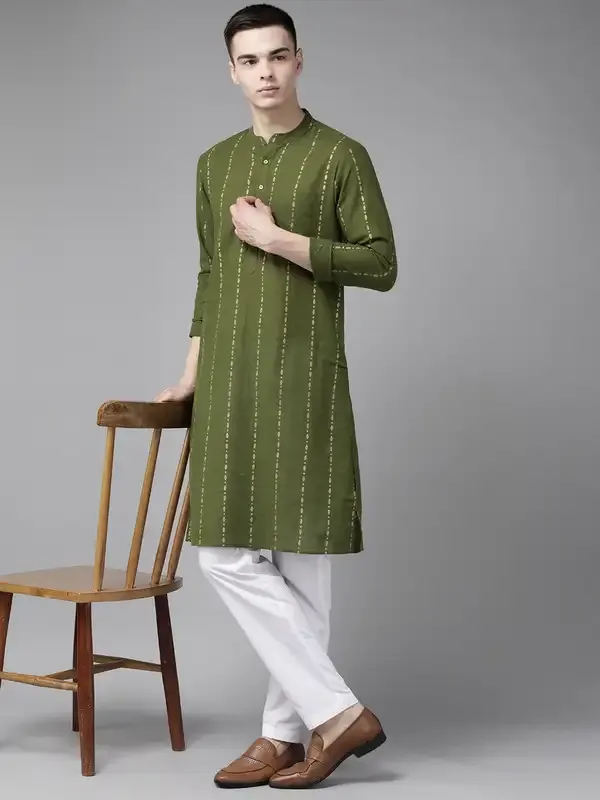 Men_Green_&_Gold_Stripe_Printed_Straight_Kurta_With_Pyjama