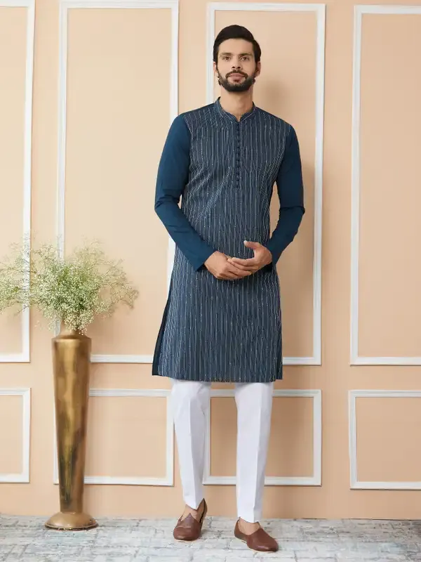 Dark_Blue_Thread_&_Sequin_Worked_Pure_Cotton_Straight_Kurta_With_Pyjama
