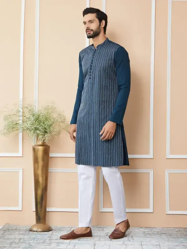 Dark_Blue_Thread_&_Sequin_Worked_Pure_Cotton_Straight_Kurta_With_Pyjama