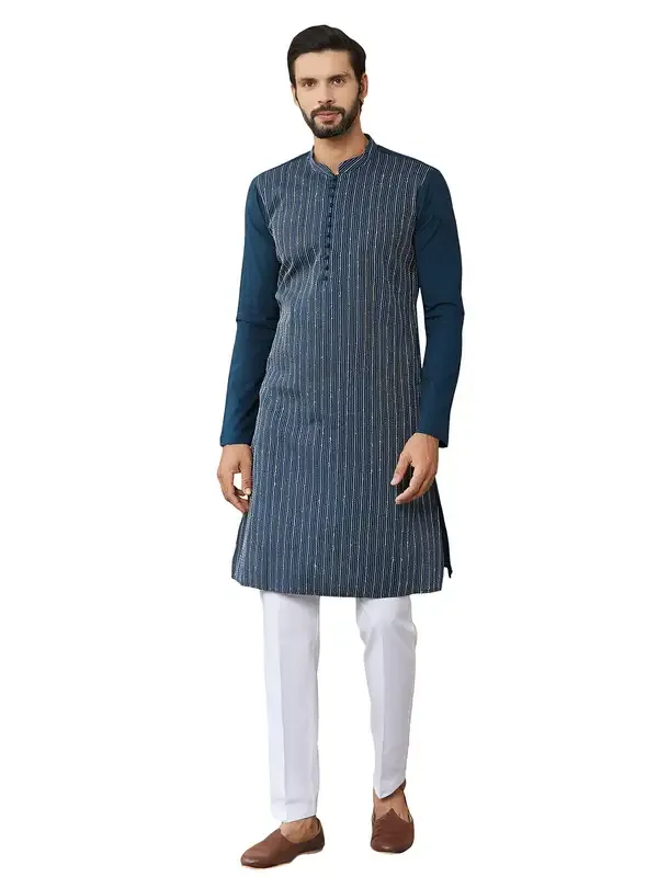 Dark_Blue_Thread_&_Sequin_Worked_Pure_Cotton_Straight_Kurta_With_Pyjama