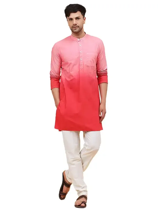 Men_Pink_And_Orange_Ombre_Dyed_Pure_Cotton_Kurta_With_White_Pajama