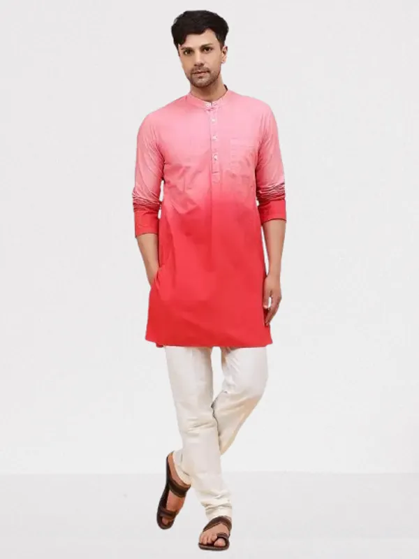 Men_Pink_And_Orange_Ombre_Dyed_Pure_Cotton_Kurta_With_White_Pajama