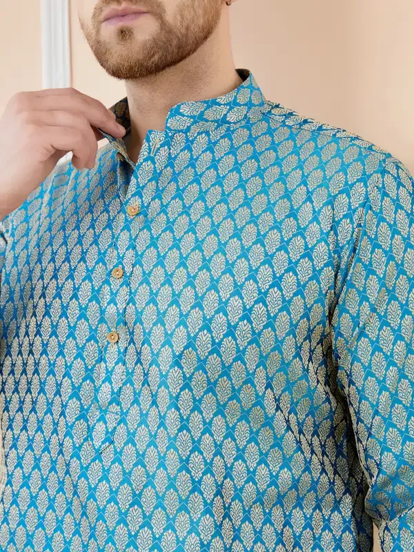 Blue_Ethnic_Motifs_Silk_Jacquard_Woven_Design_Straight_Kurta_With_Pyjama
