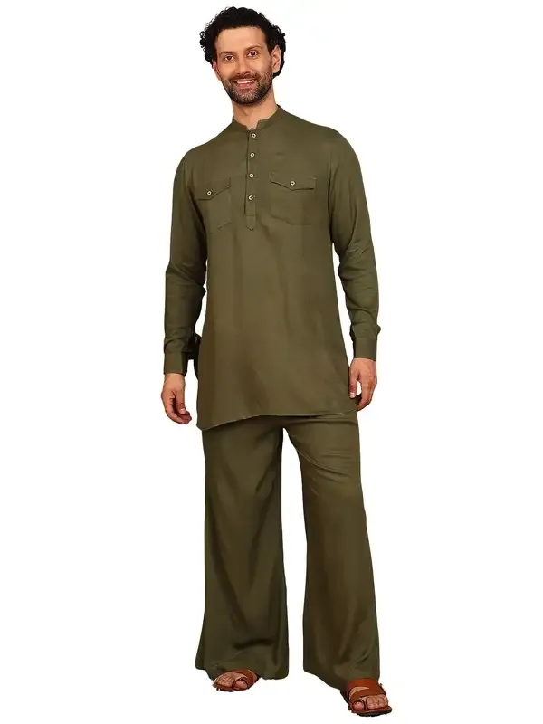 Men'S_Olive_Viscose_Rayon_Solid_Pathani_Set