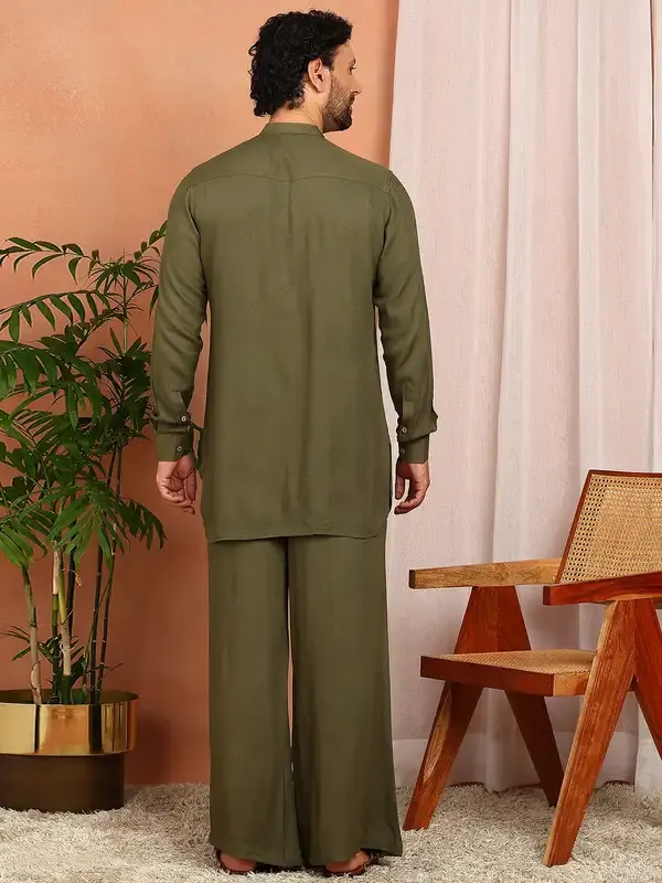 Men'S_Olive_Viscose_Rayon_Solid_Pathani_Set