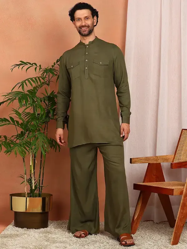 Men'S_Olive_Viscose_Rayon_Solid_Pathani_Set