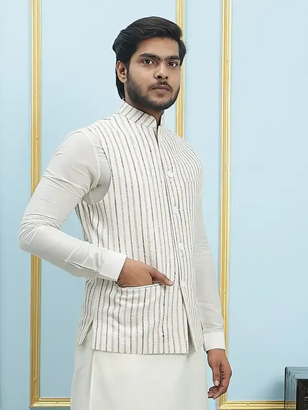 Men_Off_White_Kurta_Pajama_And_Cream_Color_Solid_Khadi_Nehru_Jacket