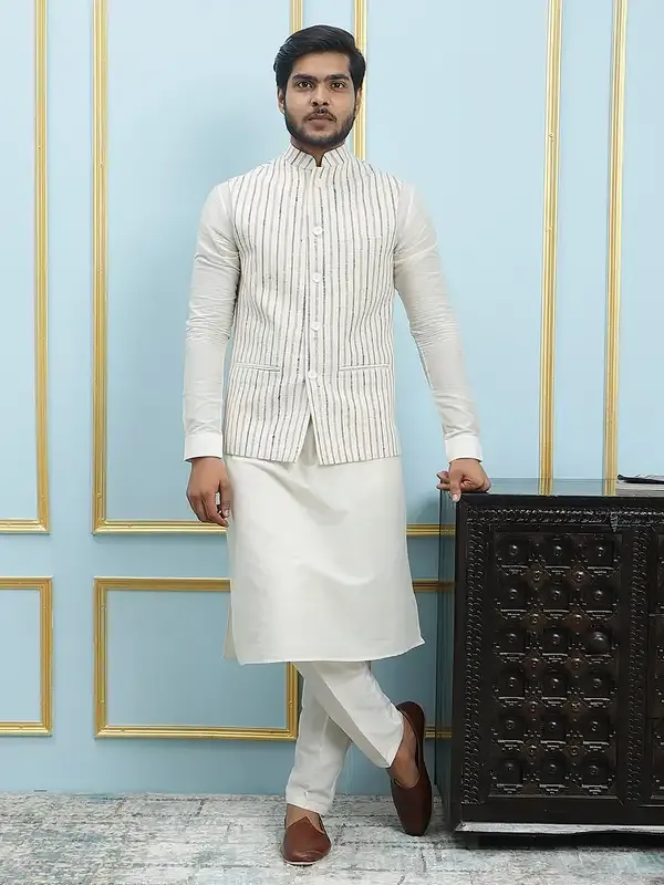 Men_Off_White_Kurta_Pajama_And_Cream_Color_Solid_Khadi_Nehru_Jacket