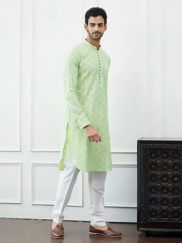 Men_Green_And_White_Embroidered_Cotton_Kurta_Set