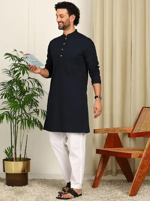 Deep_Navy_Blue_Solid_Straight_Kurta_With_Pyjama