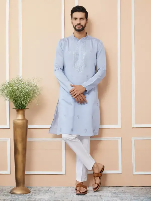 Blue_Embroidered_Chanderi_Silk_Straight_Kurta_With_Pyjama