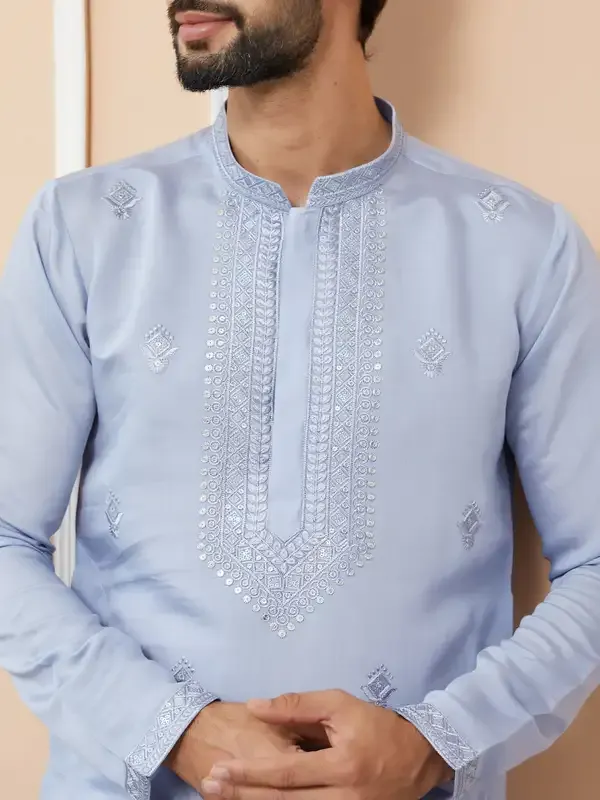 Blue_Embroidered_Chanderi_Silk_Straight_Kurta_With_Pyjama