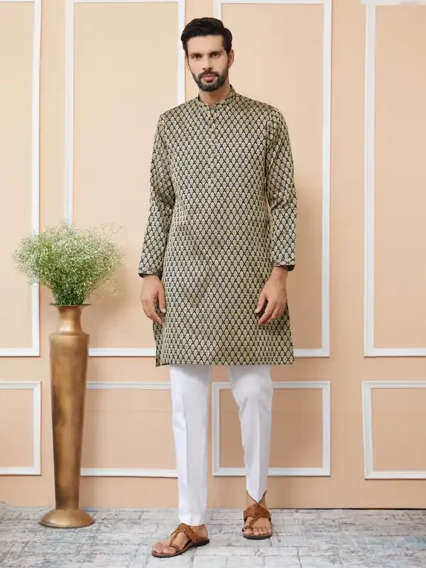 Black_Ethnic_Motifs_Silk_Jacquard_Woven_Design_Straight_Kurta_With_Pyjama
