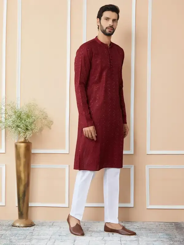 Men_Dark_Maroon_Embroidered_Thread_Work_Sequinned_Chanderi_Silk_Straight_Kurta_With_Pyjama