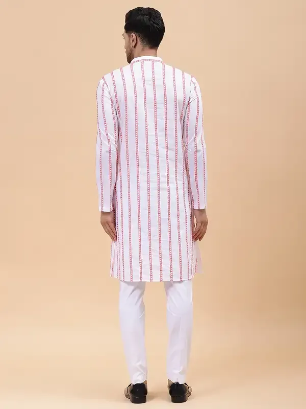 Men_White_&_Pink_Pure_Cotton_Embroidered_Staright_Kurta_With_Pajama