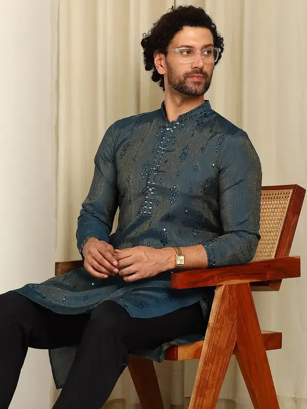 Navy_Blue_Sequin_Embroidered_Straight_Kurta_With_Pyjama