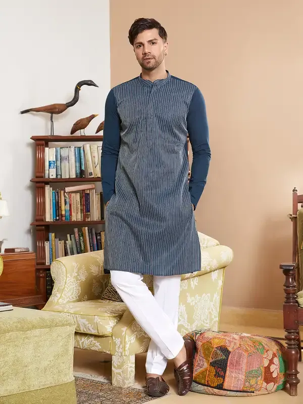 Men_Teal_Cotton_Pintex_Design_Multi_Thread_Work_Kurta_With_Pyjama