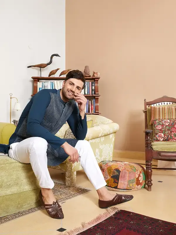 Men_Teal_Cotton_Pintex_Design_Multi_Thread_Work_Kurta_With_Pyjama