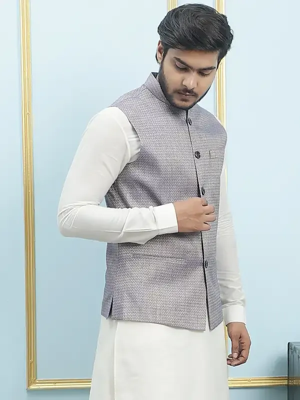 Men_Off_White_Kurta_Pajama_And_Blue_Color_Solid_Woven_Design_Jacquard_Nehru_Jacket