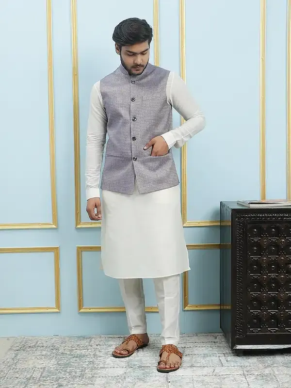 Men_Off_White_Kurta_Pajama_And_Blue_Color_Solid_Woven_Design_Jacquard_Nehru_Jacket